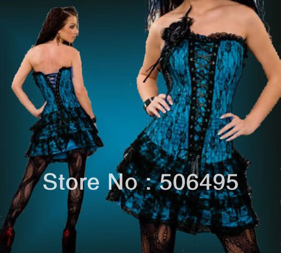 Sexy Corset Women Blue Bone Bustier Corset Shirt + G string Set Lingerie S M L XL ,Sexy Lingerie ,Sexy Bustier MZ012-2176