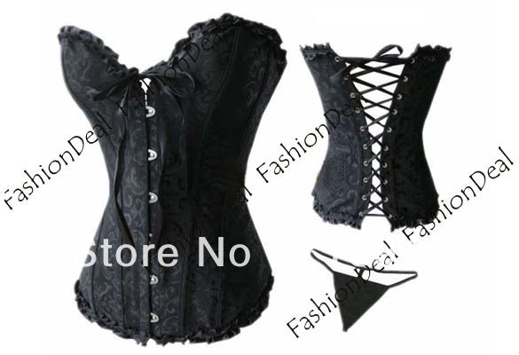 Sexy Corset Women Bone Black Lace Bustier Corset+G string Set Lingerie S M L XL Black white free shipping 3106