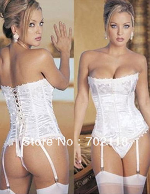 Sexy Corset Women Bone White Lace Bustier Corset+Garter+G string Sexy Lingerie S M L XL MZ003