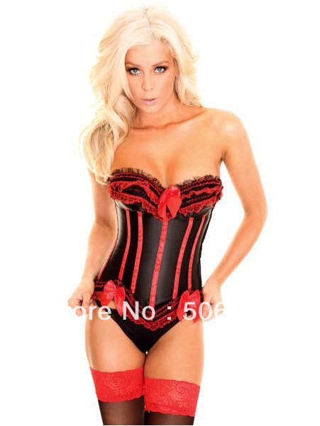 Sexy Corset Women Red&Black Bone Bustier Corset + G string Set Lingerie S M L XL ,Sexy Lingerie ,Sexy Bustier MZ008-2184