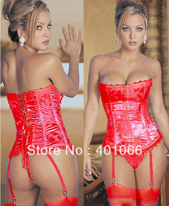 Sexy Corset Women Red Bone  Lace Bustier Corset+G-string Set Lingerie+Garter S M L XL MZ003
