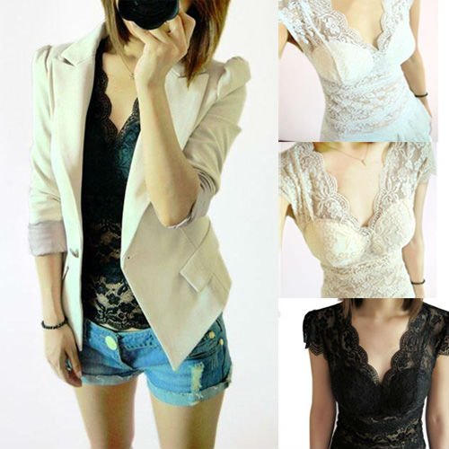 SEXY DEEP V-NECK LACE SHEER TOP CHEST PADS INCLUDE 3565