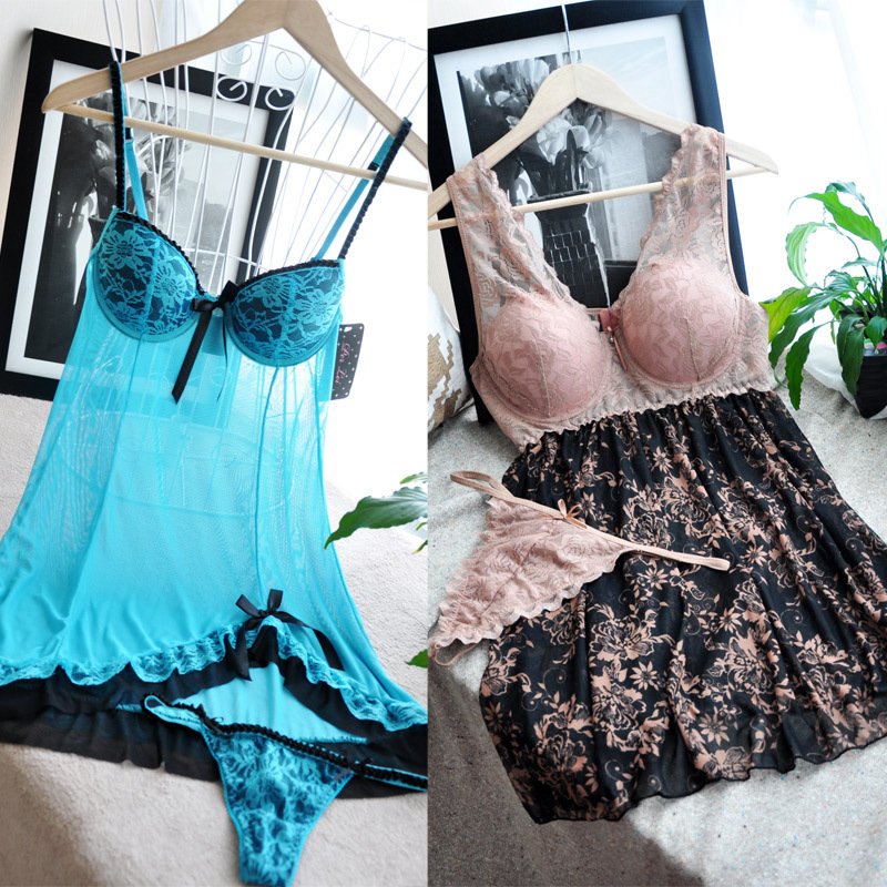 Sexy deep V-neck nightgown leopard print lace gauze racerback high waist underwear t set plus size