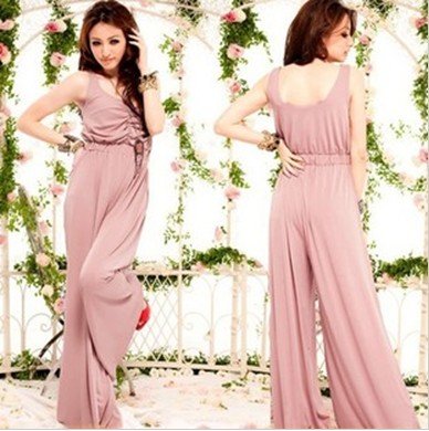 Sexy Deep V-Neck Tanks Jumpsuits Loose Solid Straight Legs Pink Average Size Milk Silk Union Suits