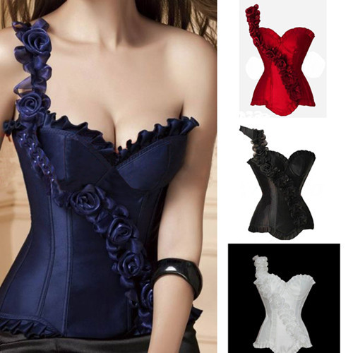 Sexy elegance  4 color Blue/red/White/black satin lace up hook eye side singe rose shoulder high quality factory supplier S-2XL