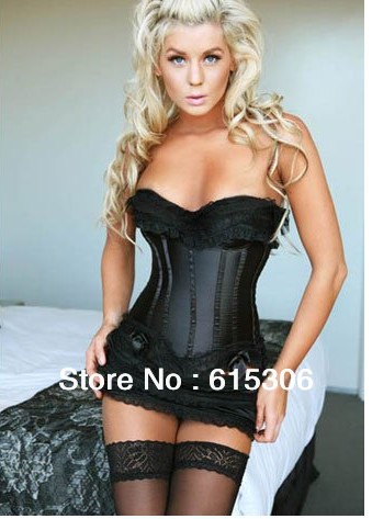 Sexy Elegant Black Lace Trim Satin Corset S-2XL Free Shipping