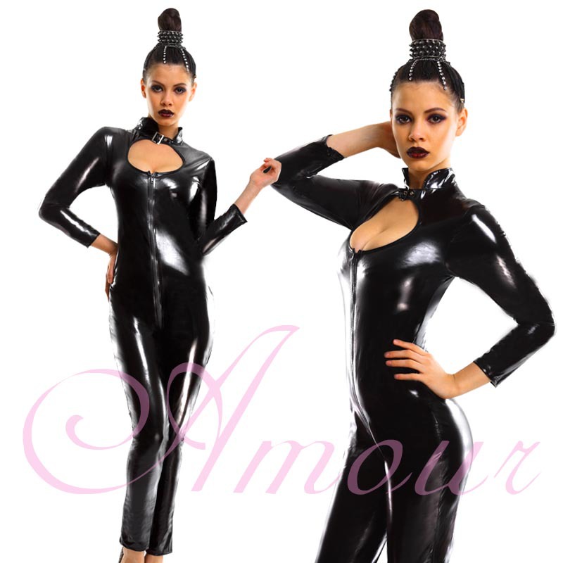 Sexy Erotic Blk Wetlook Overall Catsuit Teddy Zipper Crotch Romper Clubwear @p7028