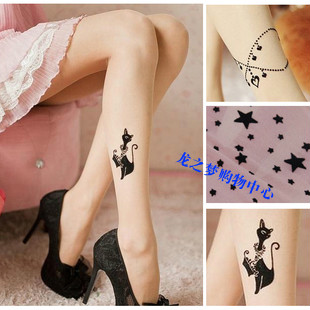 Sexy fake tattoo anklets Stockings Cat Tattoo Pantyhose Bracelet Jacquard Socks Thin Render Women Socks Graffiti Long Socks