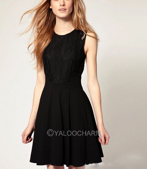 Sexy Fashion 1pc SCOOP NECK LACE JACOMERRY lace chiffon patchwork sleeveless black DRESS 70013 -70015