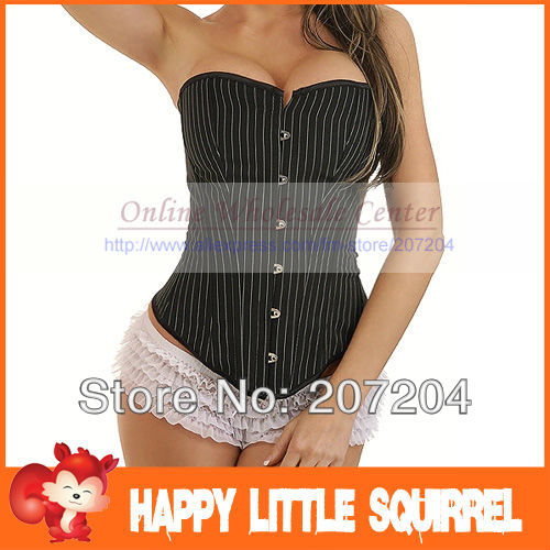Sexy Fashion Black of white stripe Ladies lace up top overbust corsets bustier + G string lingerie uniform clothing for Womens