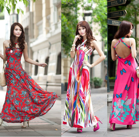 Sexy   Fashion Color Block Bohemia Dress  Beach Dress clothing long skirt