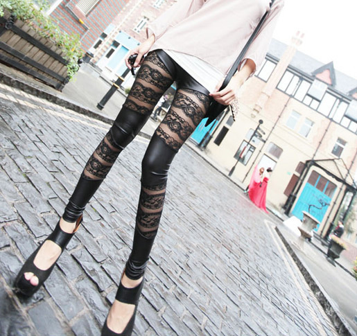 Sexy fashion design show thin leggings  Black  pu leather mixed lace leather leggings wholesales  HOT SALES