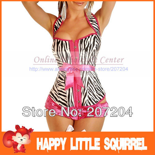 Sexy Fashion pink edge Ladies Womens lace up overbust Necked corsets bustier top sexy lingerie uniform clothing