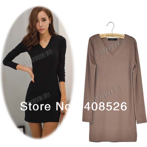 Sexy Fashion Women's Slim Fit V-Neck Bottoming Long Sleeve Dress 2 Colors free shipping 9055