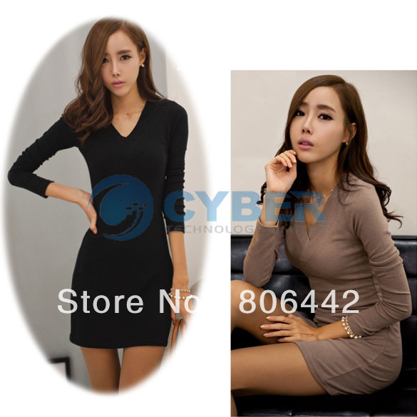 Sexy Fashion Women's Slim Fit V-Neck Long Sleeve Bottoming  Mini Dress 2 Colors Free Shipping 9055