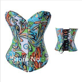 Sexy FLoral Denim Jean Overbust lace up boned Corset Top lingerie S-2XL M0141