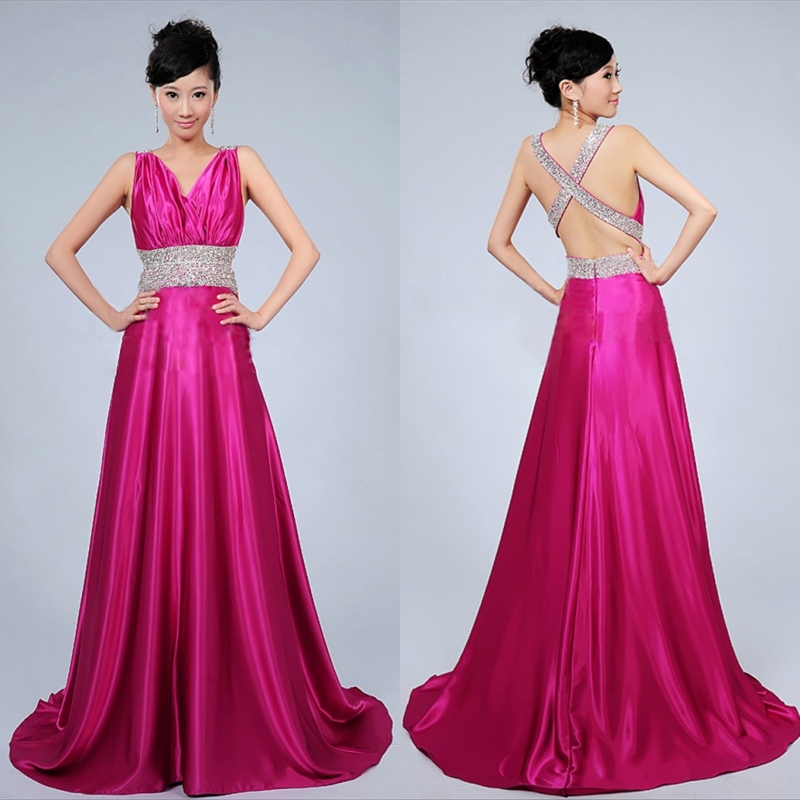 Sexy formal dress rose satin fabric evening dress double-shoulder V-neck bling formal dress re55