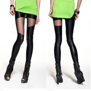 Sexy gauze faux leather gauze irregular patchwork ankle length trousers perspectivity lace thin leggingA1447