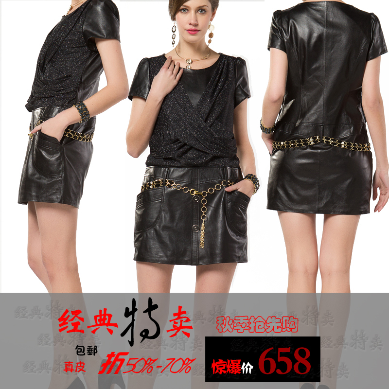 Sexy genuine leather one-piece dress sheepskin leather one-piece dress slim genuine leather clothing with belt winter