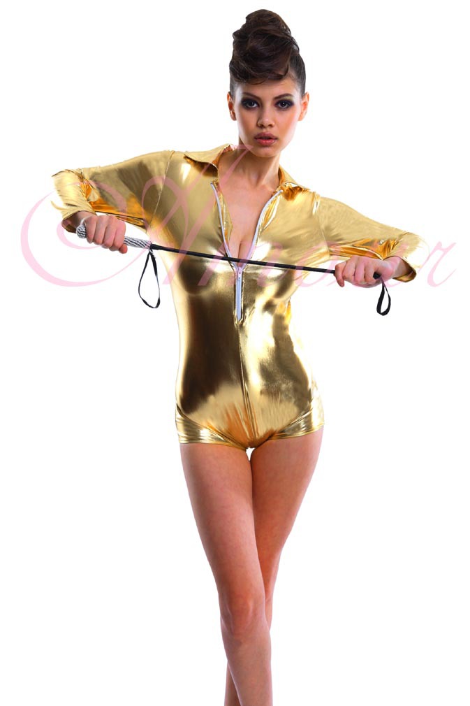 Sexy Gold/ Black Metallic Wet Look Zipper front Catsuit Romper Teddy Clubwear Stripper Free Shipping @DS1189