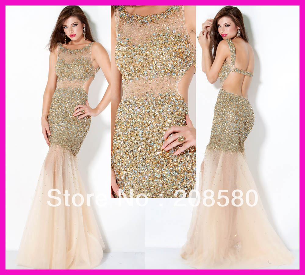 Sexy Gold Diamond Backless Mermaid Prom Evening Dresses Dress Gowns E2464