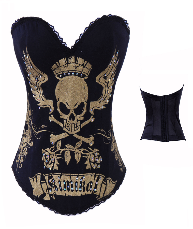 Sexy Gold Skull Punk Burlesque Waist Cincher Corset Top Staps Basque Underwear Bustier lingerie wholesales S M L XL 2XL