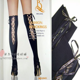 Sexy  gold thread cross straps velvet stockings