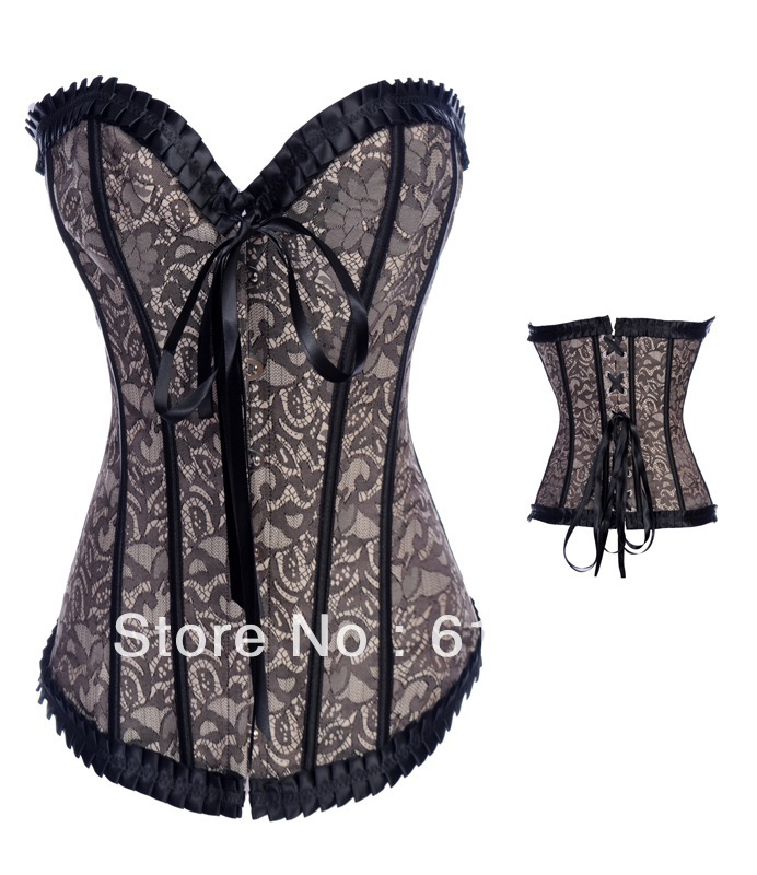 Sexy Gray Arabesquitic Overbust Corset With Black Lace Trimming  Size S M L XL XXL