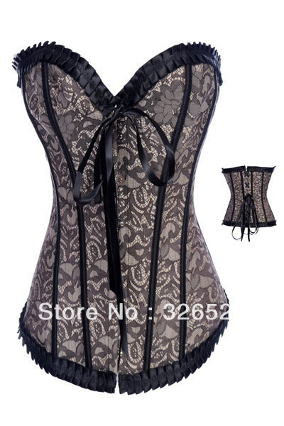 Sexy Gray Arabesquitic Overbust Fancy Corsets With Black Lace Trimming LB4394  Size S M L XL