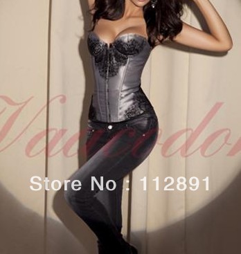 sexy Gray satin lace up Boned Burlesque corset Bustier Clubwear dropship S-2XL M0223