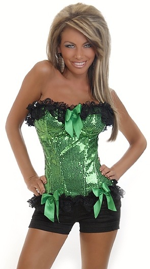 Sexy green boned lace up with shiny sequin Burlesque Corset Bustier clubwear dropship  S-2XL