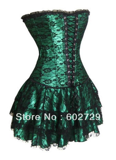 Sexy green with black lace overlay Burlesque Corset Bustier + Mini skirt +G-string dropship S-2XL