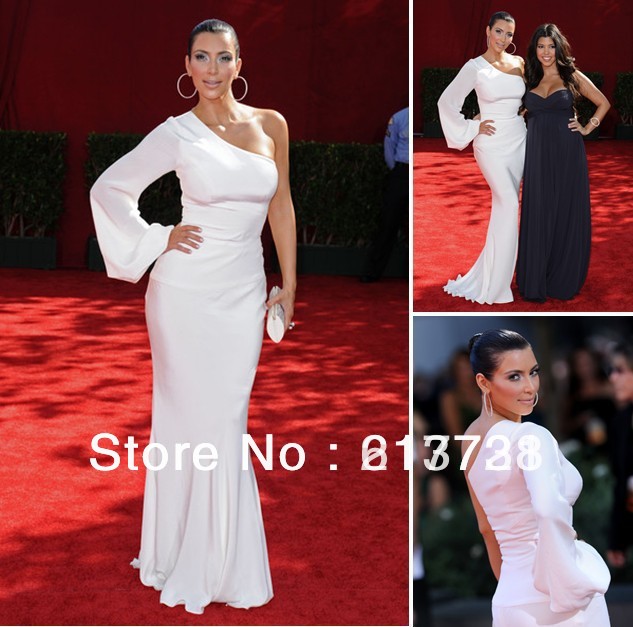 Sexy kim kardashian White Long Satin Evening Dresses One Shoulder Long Sleeve Celebrity dresses 12005