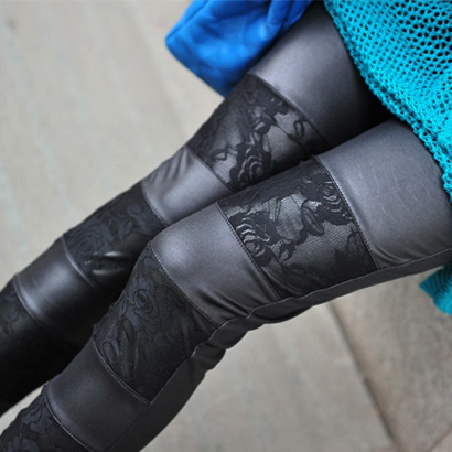 Sexy lace cotton leather patchwork tight-fitting skinny pants plus size female legging brushed free shipping
