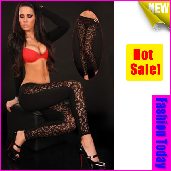 Sexy Lace Leggings & back wet look Faux leather Pants Tights 13151 Free Size