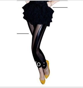 Sexy Lace Leggings Black Metallic Punk leggings Leather vertical striped leggings M0120