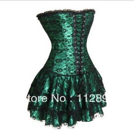Sexy Lace Overlay Burlesque Corset Bustier Satin Boned Corset Mini skirt Gstring M0205