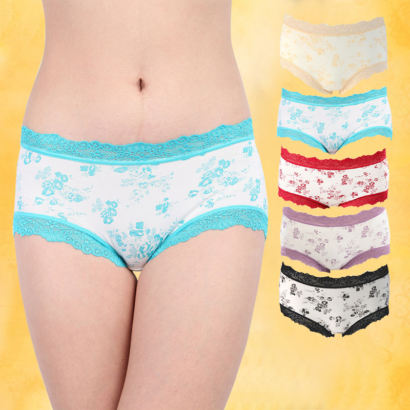 Sexy lace print slim hip women's mid waist panties 5 color 5 pieces packaged