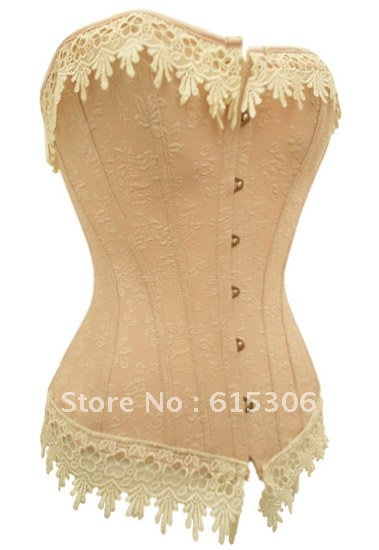 Sexy lace up boned Burlesque Victorian Beige Lace Trim Corset Busiter Basque lingerie underwear S-2XL