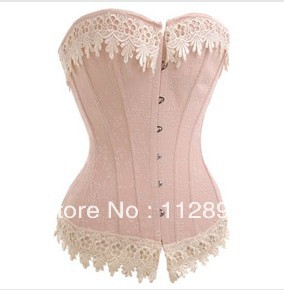 Sexy lace up boned Burlesque Victorian Beige Lace Trim Corset Busiter Basque lingerie underwear S-2XL M0137