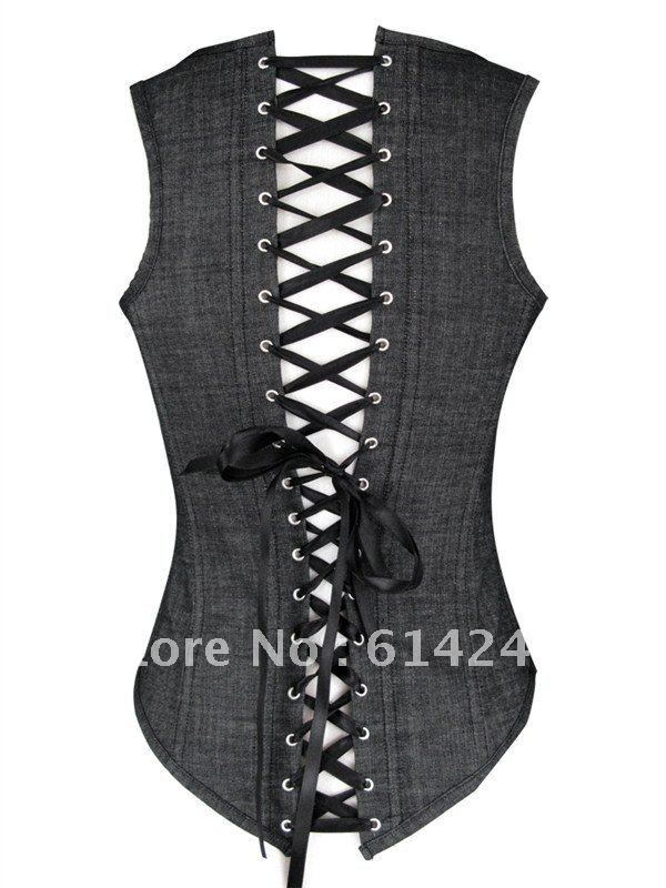 Sexy lace up boned Grey jeans body shaper underbust waist Corset Bustier clubwear +G-string S-2XL