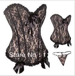 Sexy lace up boned Grey lace overlay body shaper Corset Bustier linger clubwear +G-string S-2XL M0240