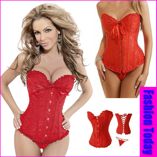 Sexy  Lace up Boned Party Wear Red Floral Brocade CORSET Bustier + G-string SET S-6XL