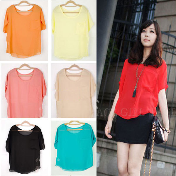 Sexy Ladies Chiffon Top Blouse Sheer Batwing Short Sleeve Loose Shirt 10 Colors