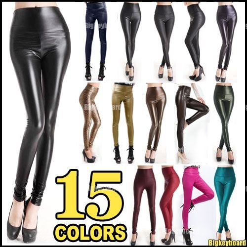 Sexy Ladies High Waist Stretch Faux Leather Look Tights Leggings Pants 15 Color