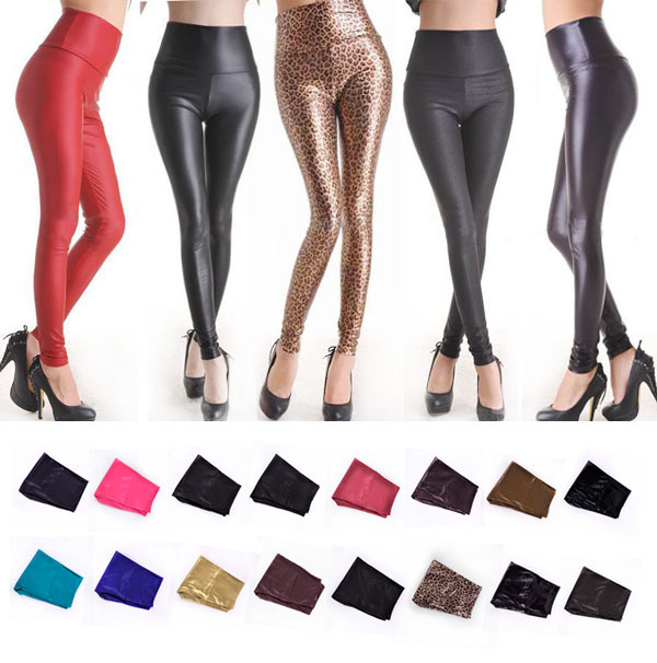 Sexy Ladies High Waist Stretch Faux Leather Look Tights Leggings Pants