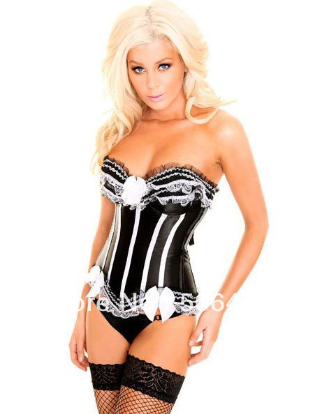 Sexy Ladies White&Black Bone Bustier Corset + G string Set Lingerie S M L XL ,Sexy Lingerie ,Sexy Bustier MZ008-2184