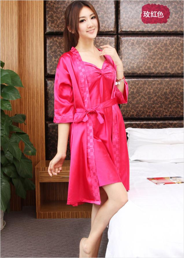 Sexy lady emulation silk pajamas gown twinset leisure wear robe sleepwear