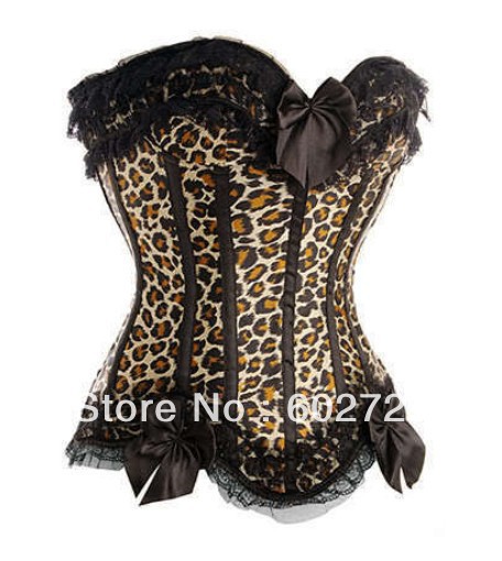 Sexy Leopard boned satin lace up corset bustier lingerie with padded bra clubwear factory supplier S-2XL