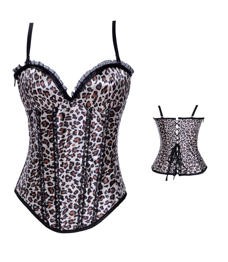 Sexy  Leopard satin boned lace up strap corset bustier clubwear Bodyshaper factory supplier S-2XL